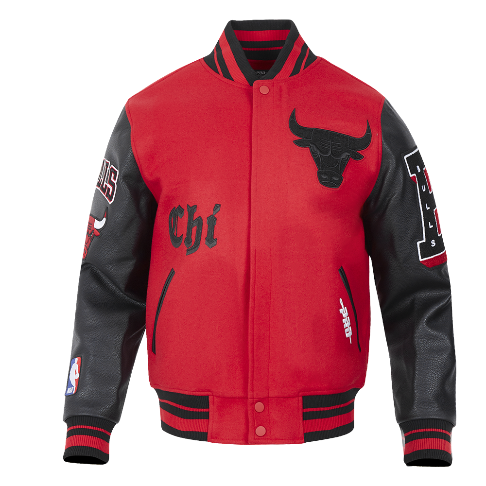 NBA CHICAGO BULLS OLD ENGLISH BLOUSON COLLÉGIAL EN LAINE À BORDS CÔTELÉS POUR HOMME (ROUGE/NOIR)