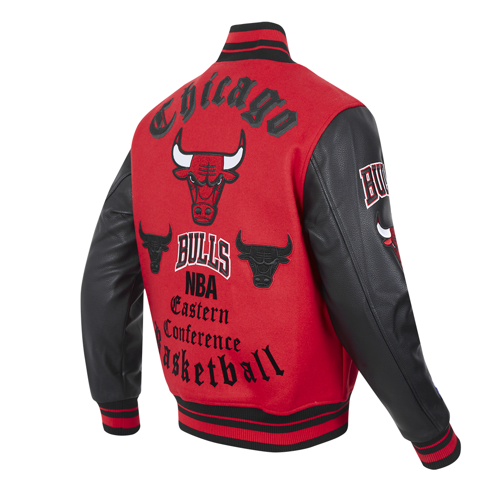 NBA CHICAGO BULLS OLD ENGLISH MEN'S RIB WOOL VARSITY JACKET (RED/BLACK)