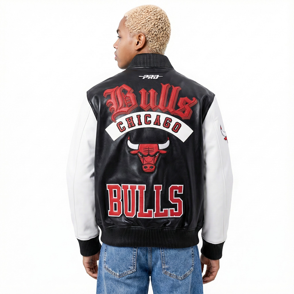 NBA CHICAGO BULLS BEST OF BLOUSON COLLÉGIAL EN CUIR POUR HOMME (NOIR/BLANC)