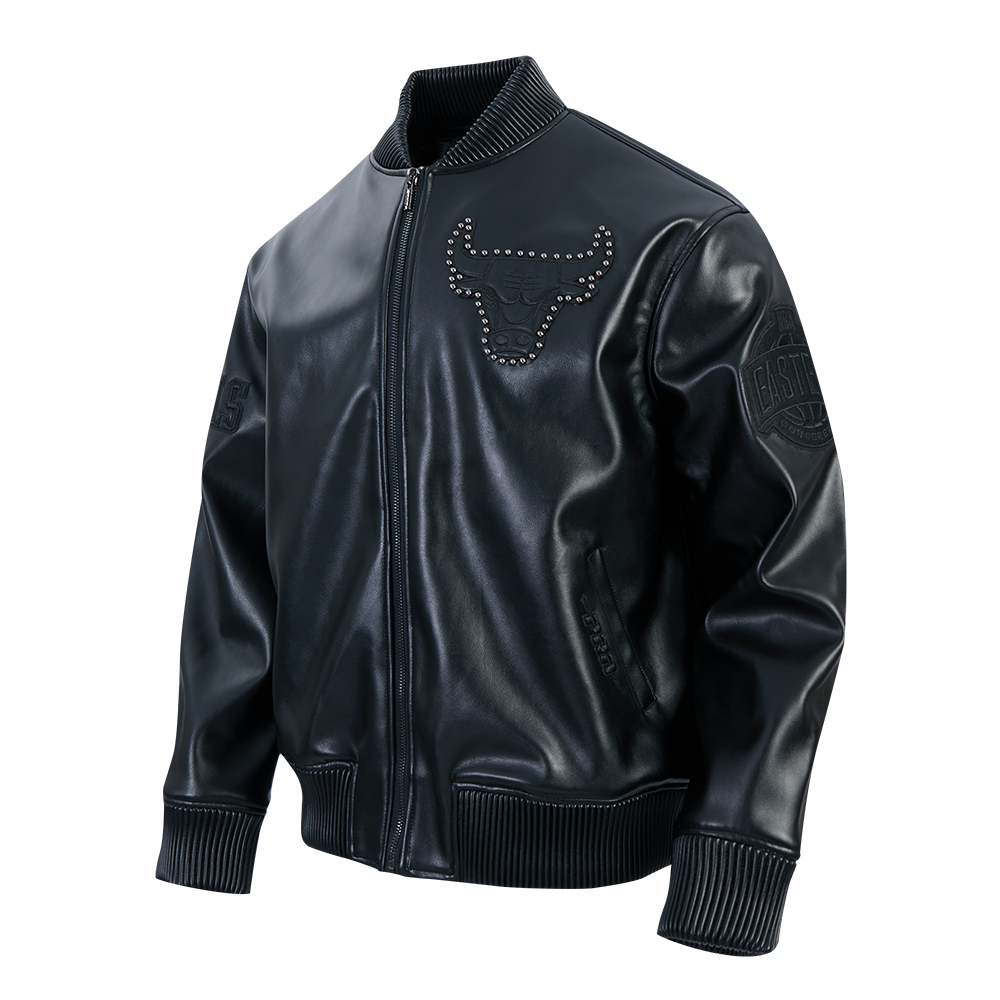 NBA CHICAGO BULLS BLACKOUT BLOUSON COLLÉGIAL EN CUIR POUR HOMME (NOIR DE JAIS)