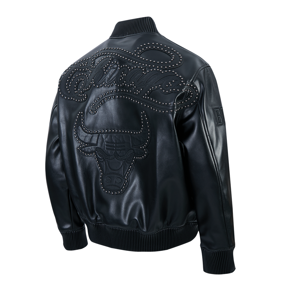 NBA CHICAGO BULLS BLACKOUT BLOUSON COLLÉGIAL EN CUIR POUR HOMME (NOIR DE JAIS)