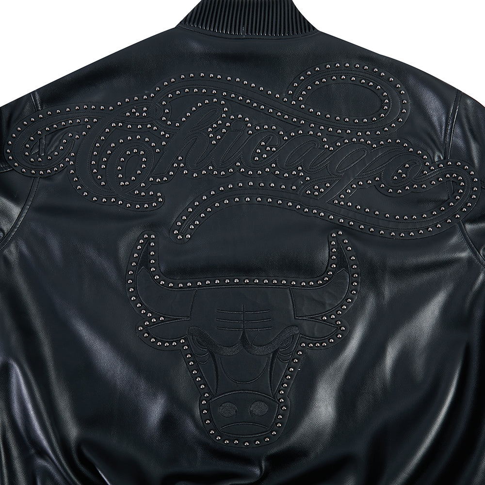 NBA CHICAGO BULLS BLACKOUT BLOUSON COLLÉGIAL EN CUIR POUR HOMME (NOIR DE JAIS)