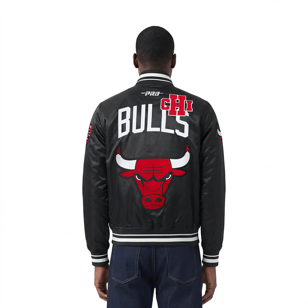 NBA CHICAGO BULLS LETTERMAN MEN'S SATIN JACKET (BLACK)