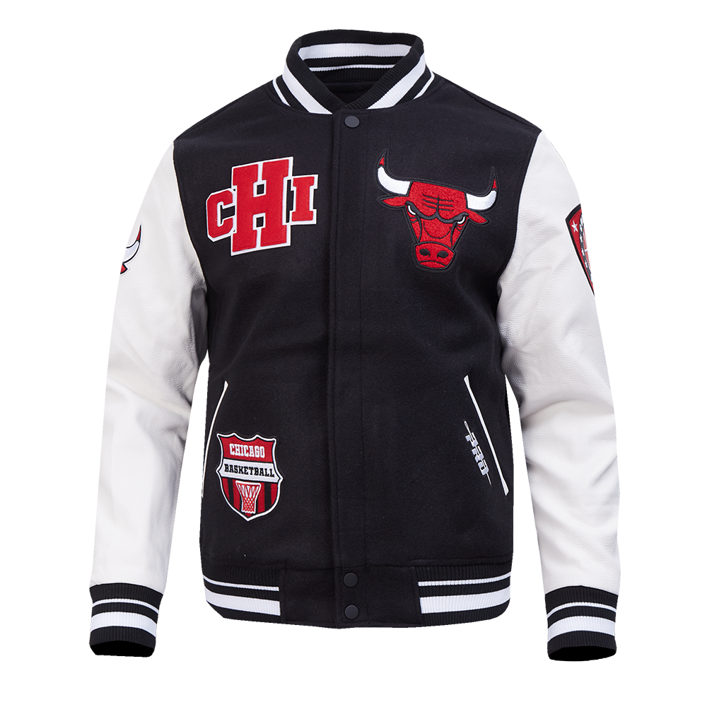 NBA CHICAGO BULLS LETTERMAN BLOUSON COLLÉGIAL POUR HOMME (NOIR/BLANC)