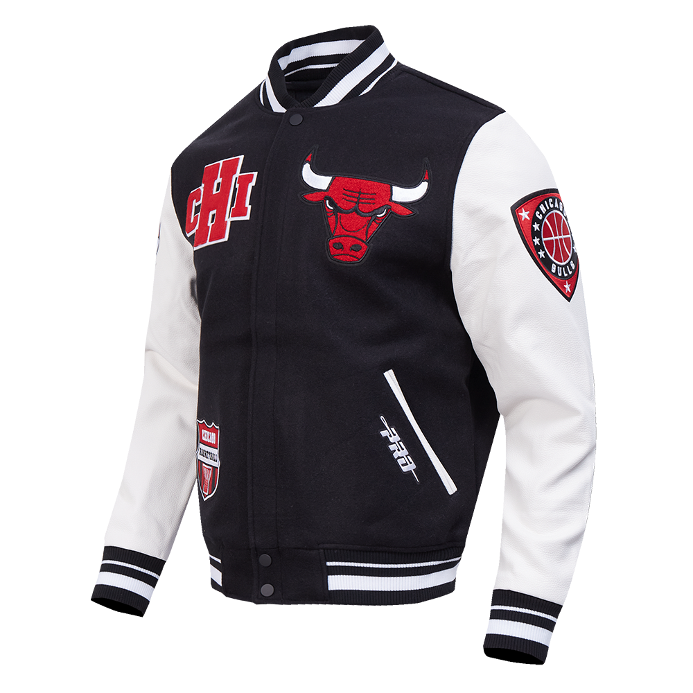 NBA CHICAGO BULLS LETTERMAN BLOUSON COLLÉGIAL POUR HOMME (NOIR/BLANC)