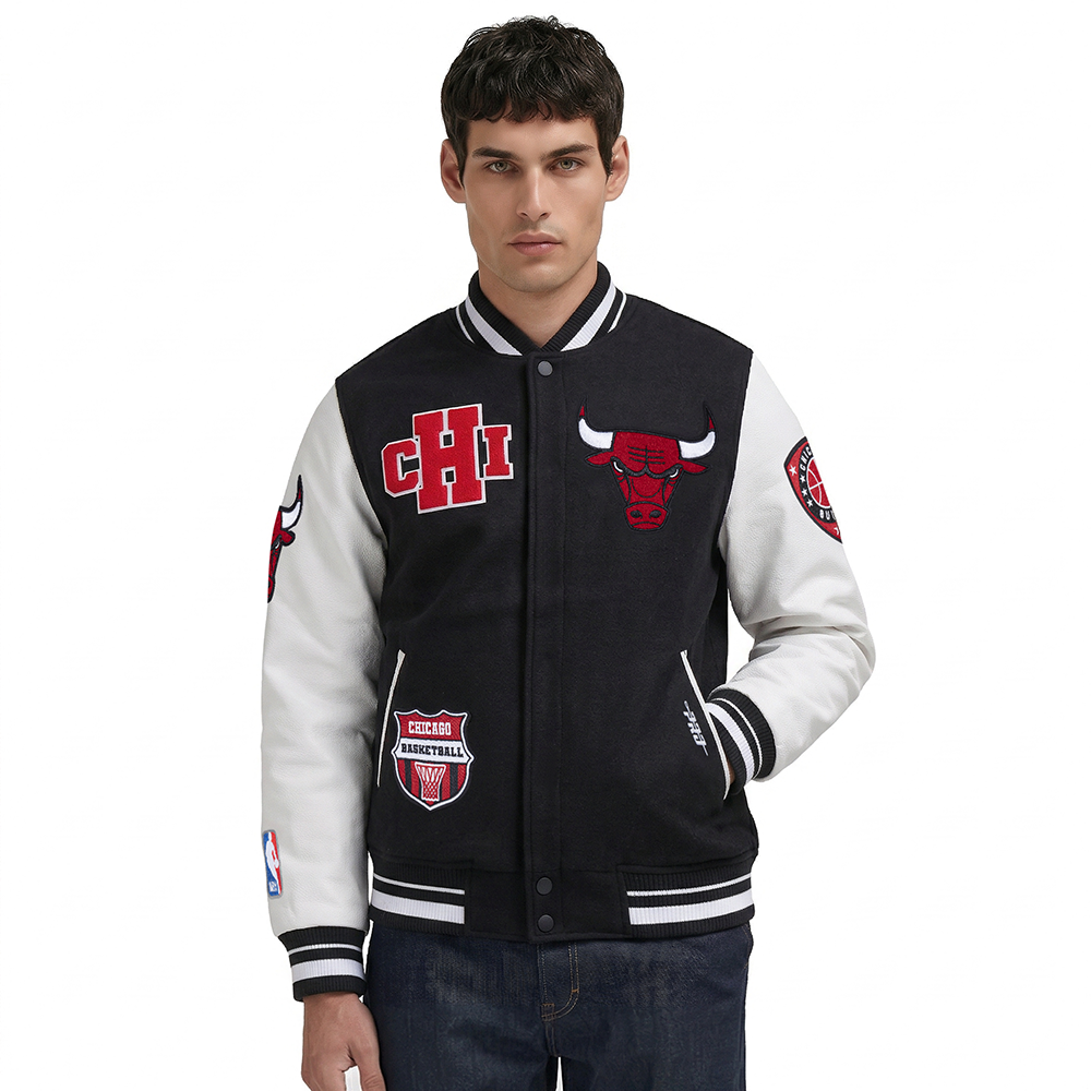 NBA CHICAGO BULLS LETTERMAN BLOUSON COLLÉGIAL POUR HOMME (NOIR/BLANC)