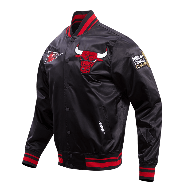 NBA CHICAGO BULLS RETRO CLASSIC MEN'S RIB SATIN JACKET (BLACK/RED/BLACK)