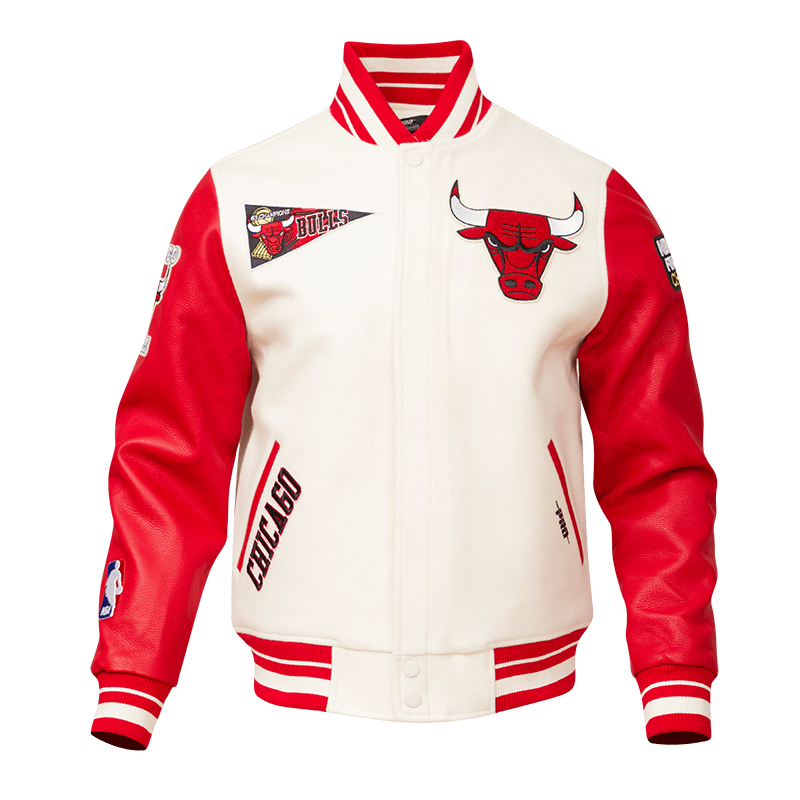 NBA CHICAGO BULLS RETRO CLASSIC MEN'S RIB WOOL VARSITY JACKET (EGGSHELL/RED)