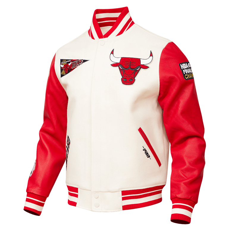 NBA CHICAGO BULLS RETRO CLASSIC MEN'S RIB WOOL VARSITY JACKET (EGGSHELL/RED)