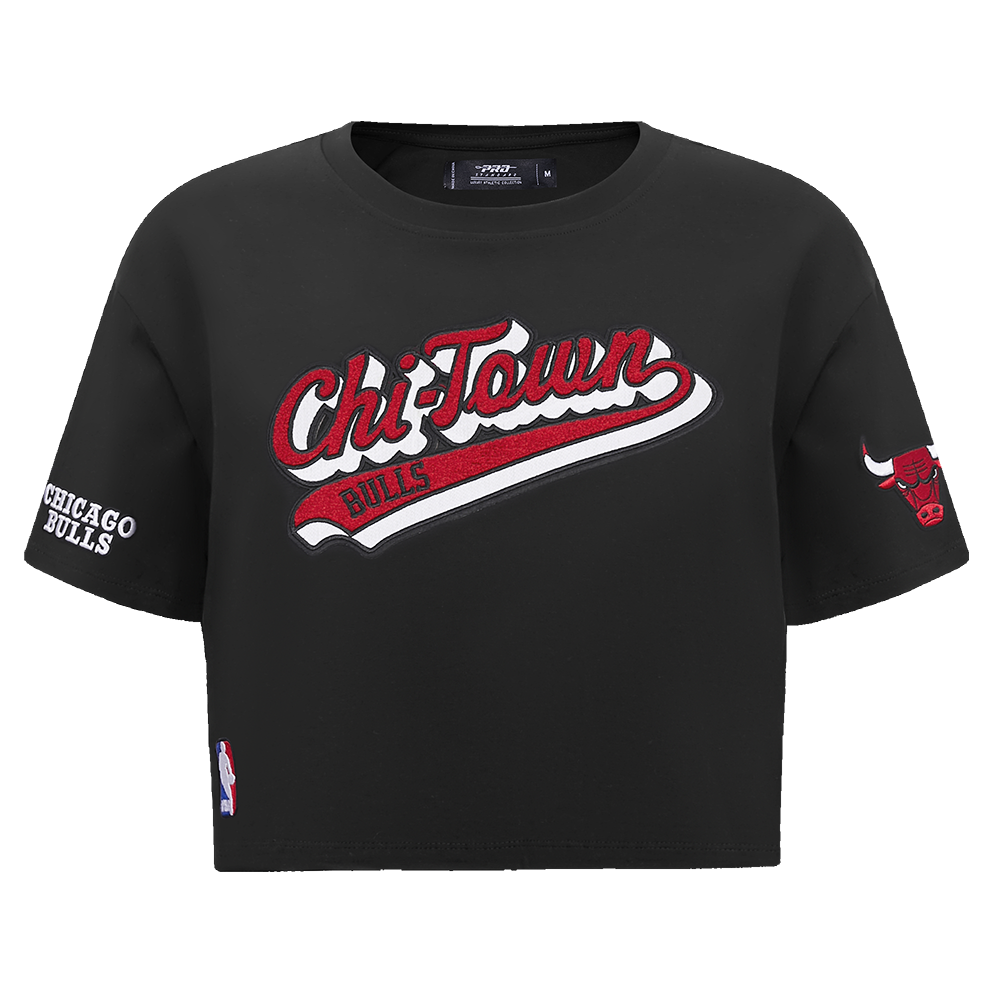 NBA CHICAGO BULLS SCRIPT TAIL T-SHIRT EN JERSEY SIMPLE À COUPE CARRÉE POUR FEMME (NOIR)