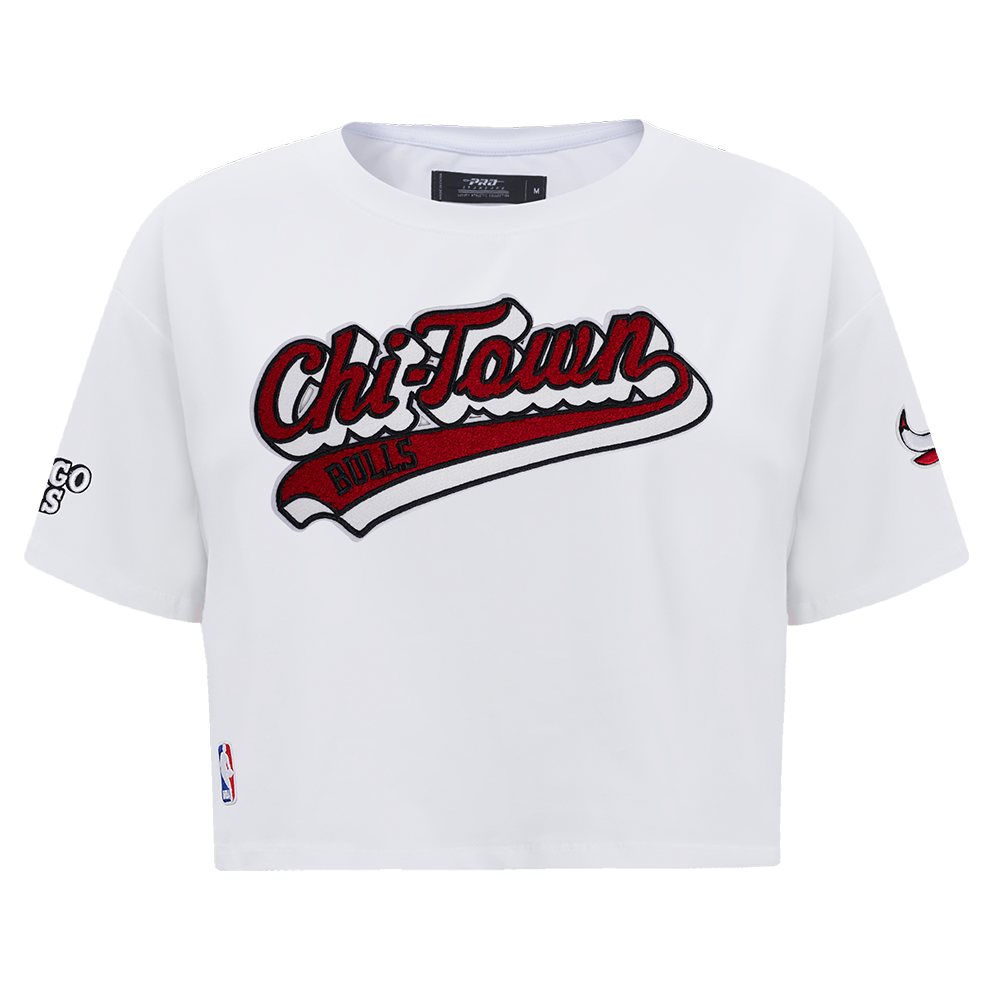NBA CHICAGO BULLS SCRIPT TAIL T-SHIRT EN JERSEY SIMPLE À COUPE CARRÉE POUR FEMME (BLANC)