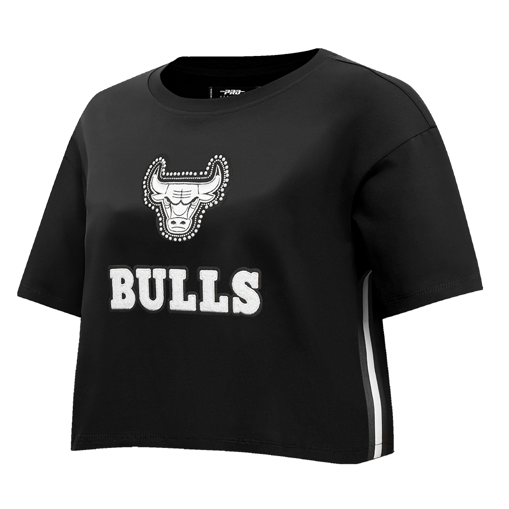 NBA CHICAGO BULLS PEARLS WOMEN'S SINGLE JERSEY BOXY TEE (BLACK)