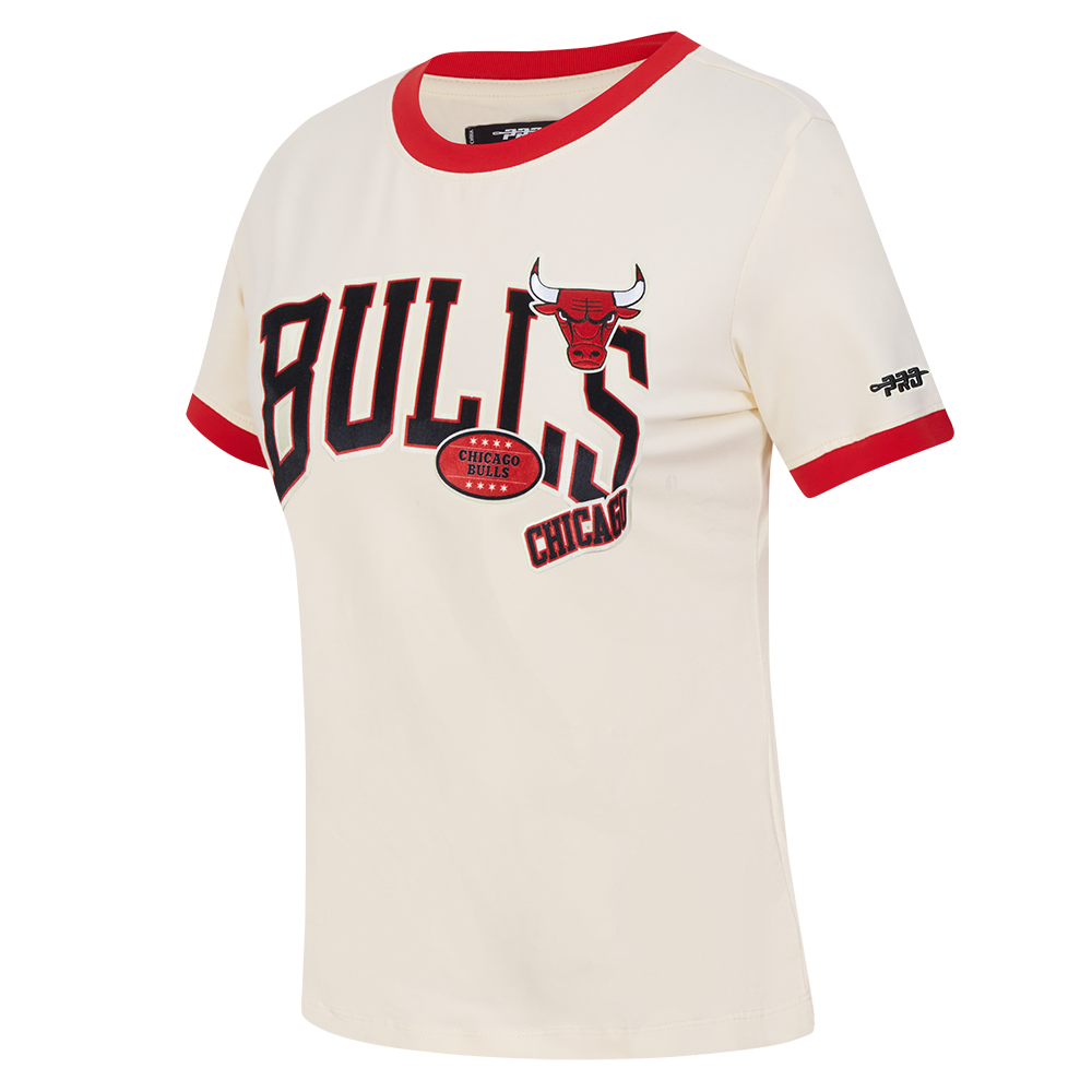 NBA CHICAGO BULLS RETRO CASCADE T-SHIRT À BORDURES CONTRASTANTES POUR FEMME (COQUILLE D'ŒUF/ROUGE)