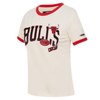 NBA CHICAGO BULLS RETRO CASCADE T-SHIRT À BORDURES CONTRASTANTES POUR FEMME (COQUILLE D'ŒUF/ROUGE)
