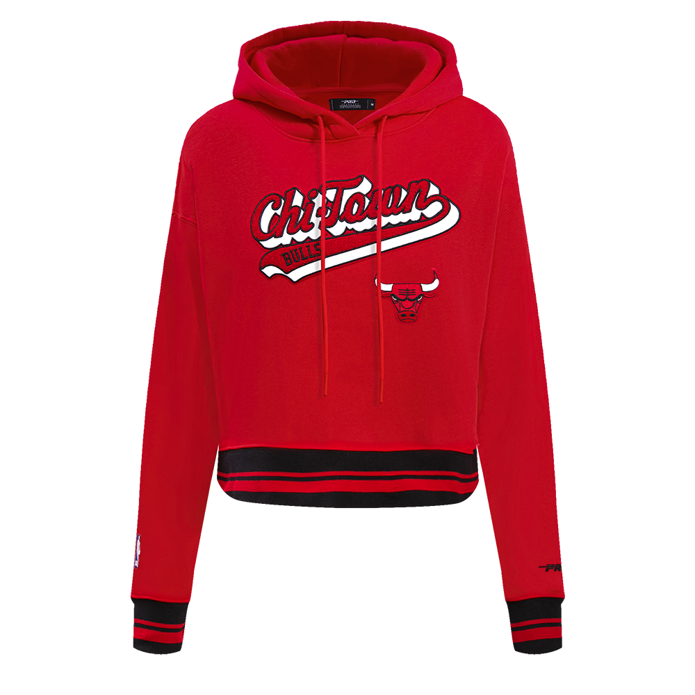 NBA CHICAGO BULLS SCRIPT TAIL CHANDAIL À CAPUCHON COURT EN MOLLETON CÔTELÉ POUR FEMME (ROUGE/NOIR)