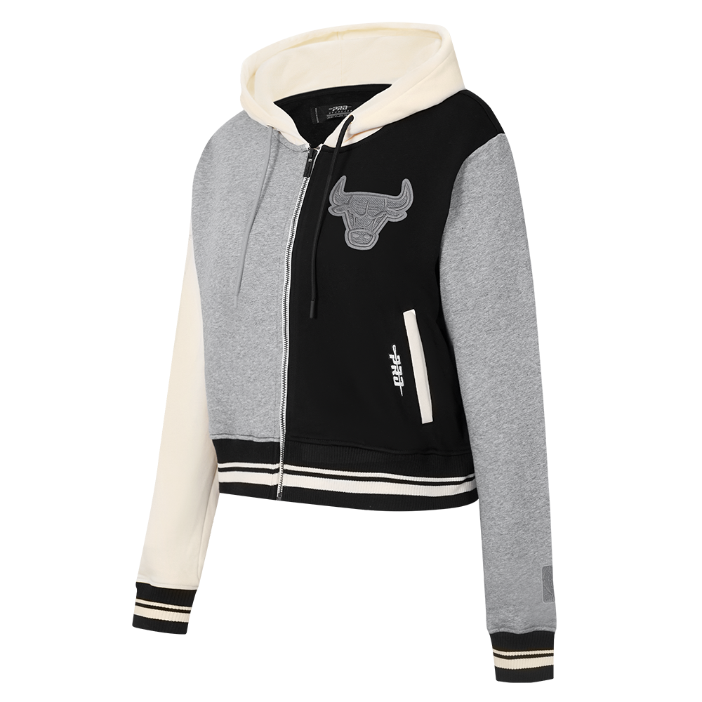 NBA CHICAGO BULLS REVERSE FRENCH TERRY WOMEN'S COLOR BLOCK FLEECE FULL ZIP HOODIE (BLACK/GRAY/EGGSHELL)