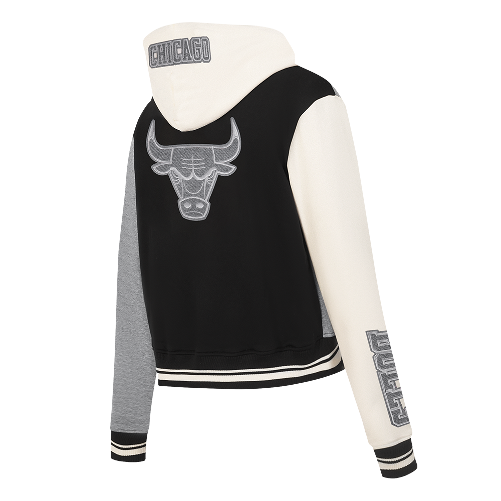 NBA CHICAGO BULLS REVERSE FRENCH TERRY WOMEN'S COLOR BLOCK FLEECE FULL ZIP HOODIE (BLACK/GRAY/EGGSHELL)