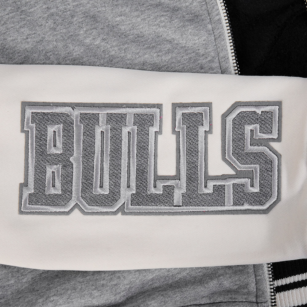 NBA CHICAGO BULLS REVERSE FRENCH TERRY WOMEN'S COLOR BLOCK FLEECE FULL ZIP HOODIE (BLACK/GRAY/EGGSHELL)