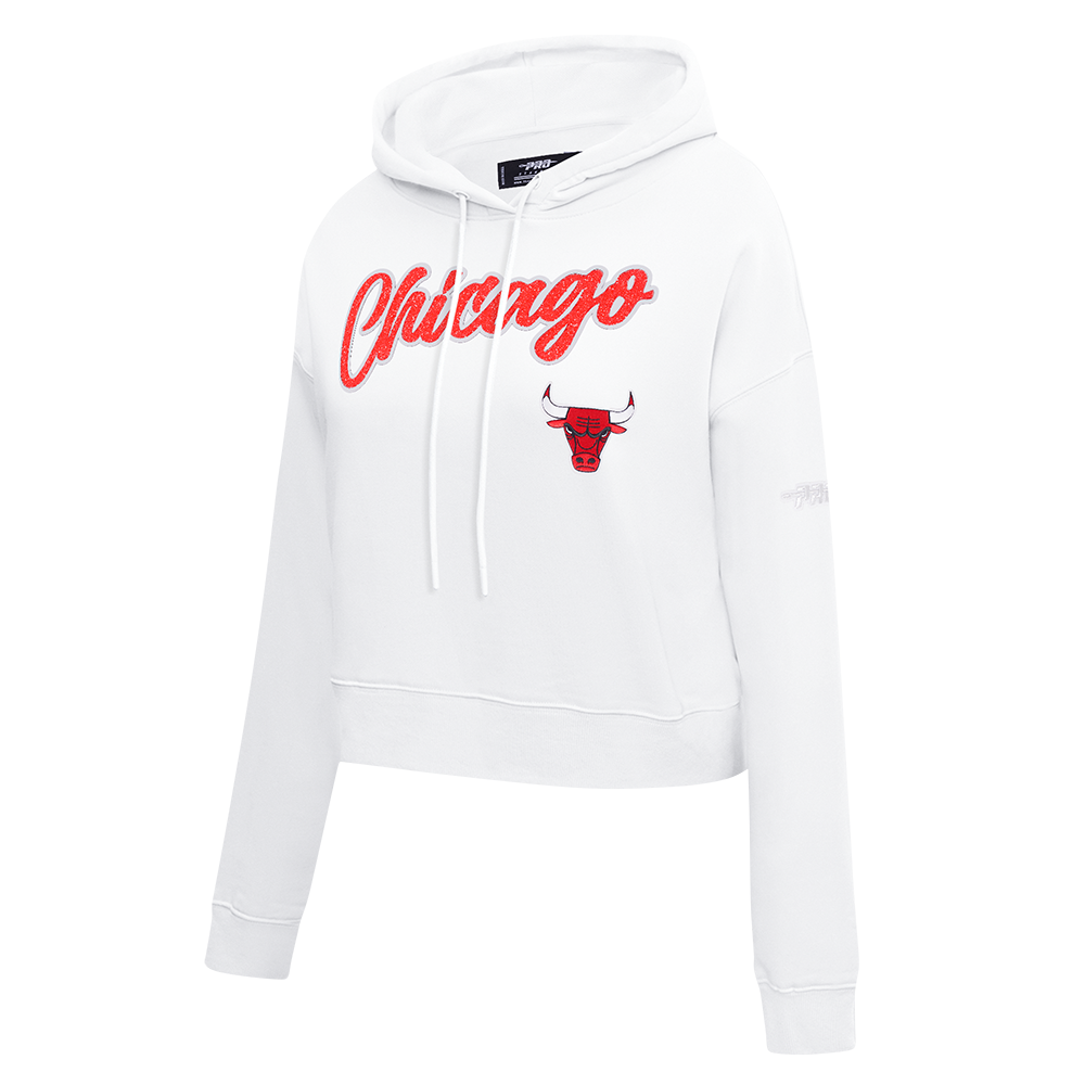 NBA CHICAGO BULLS TEAM CRYSTALLINE WOMEN'S CROPPED PULLOVER HOODIE (WHITE)