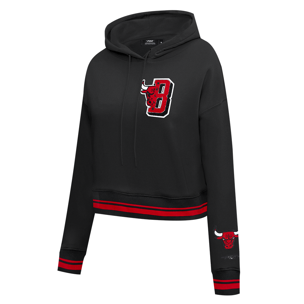 NBA CHICAGO BULLS MASHUP WOMEN'S RIB CROPPED PULLOVER HOODIE (BLACK/RED/BLACK)