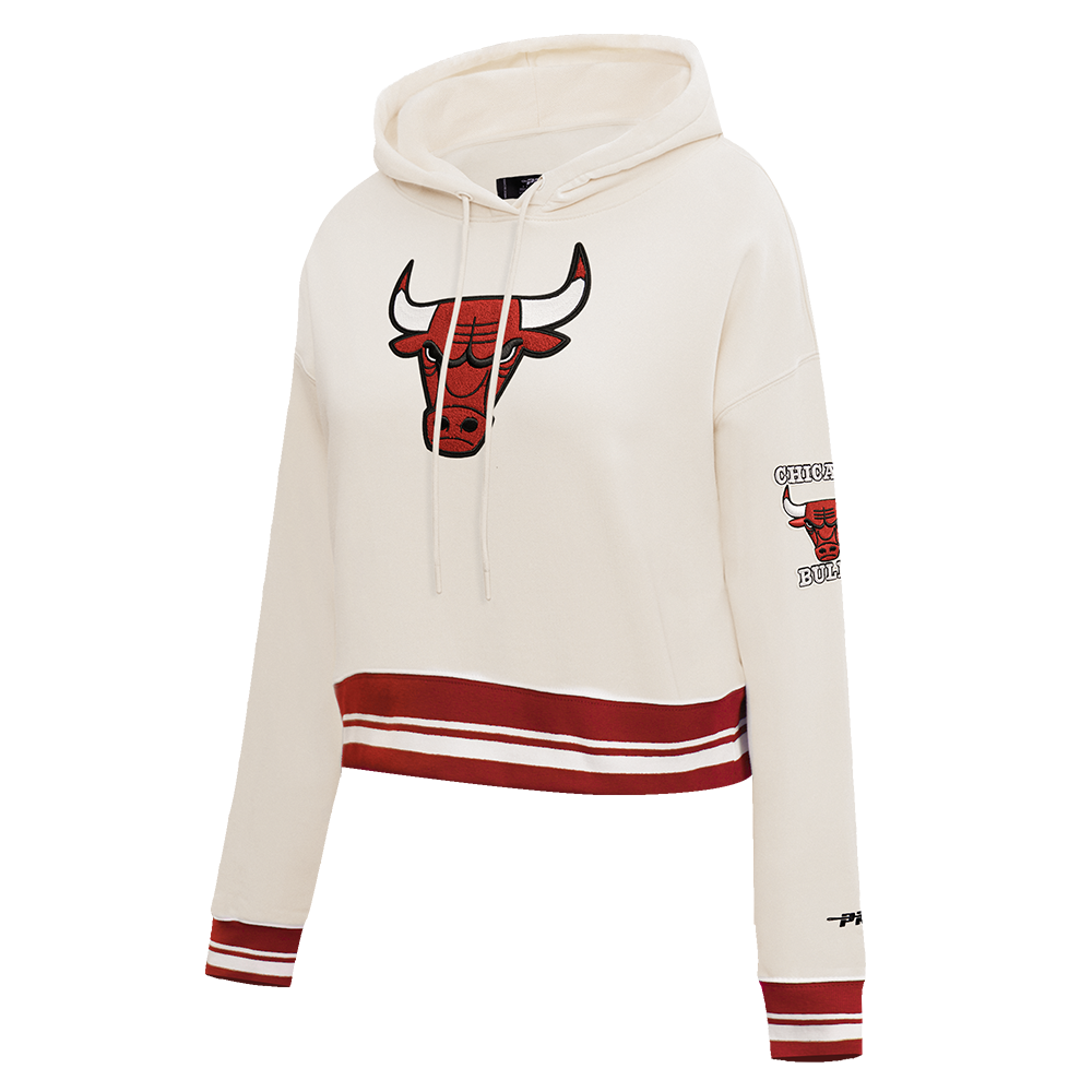 NBA CHICAGO BULLS RETRO CLASSIC WOMEN'S CROPPED PULLOVER HOODIE (EGGSHELL/ RED)
