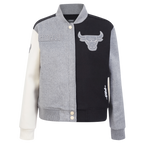 NBA CHICAGO BULLS REVERSE FRENCH TERRY WOMEN'S WOOL VARSITY JACKET (BLACK/GRAY/EGGSHELL)
