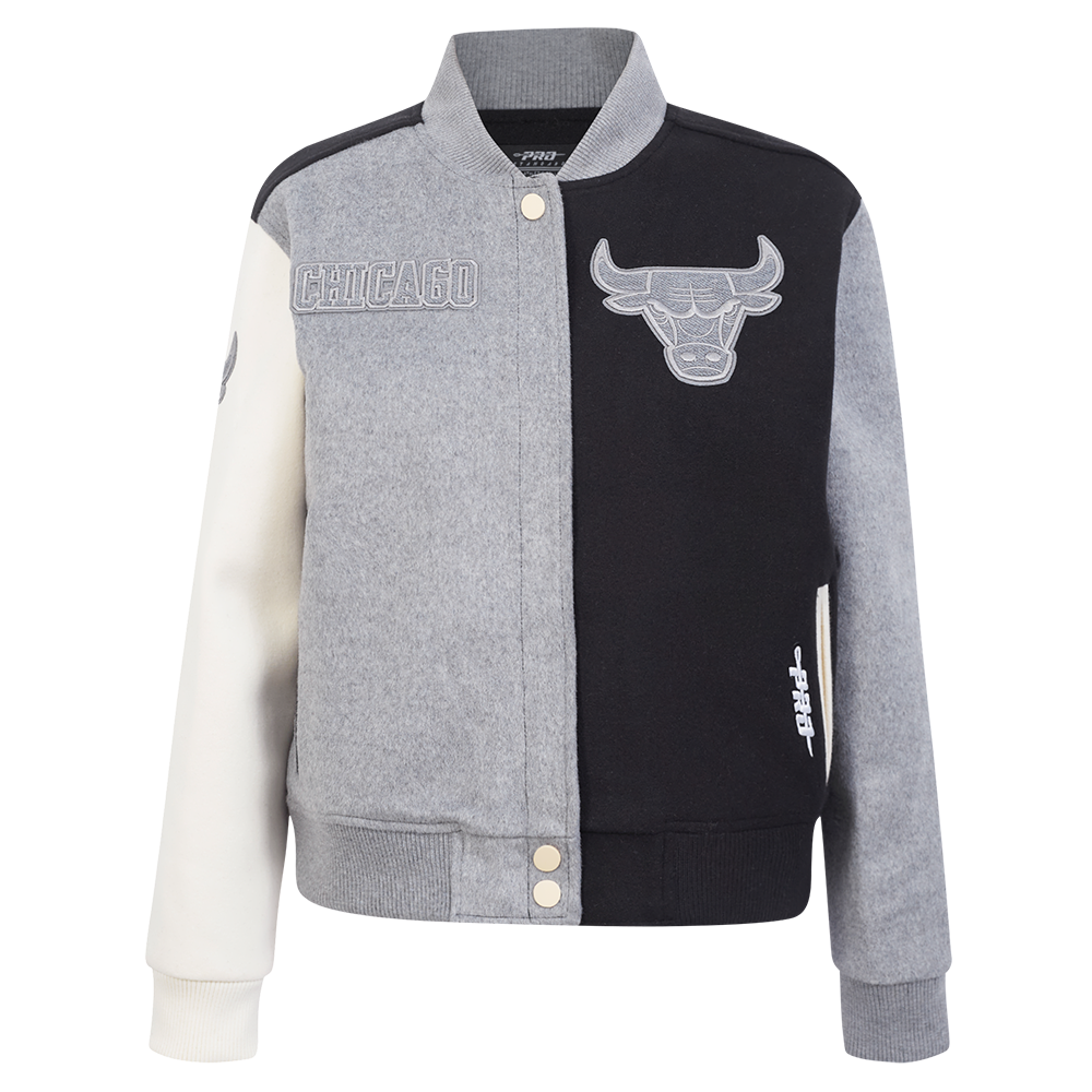 NBA CHICAGO BULLS REVERSE FRENCH TERRY WOMEN'S WOOL VARSITY JACKET (BLACK/GRAY/EGGSHELL)