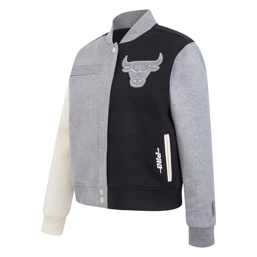 NBA CHICAGO BULLS REVERSE FRENCH TERRY WOMEN'S WOOL VARSITY JACKET (BLACK/GRAY/EGGSHELL)