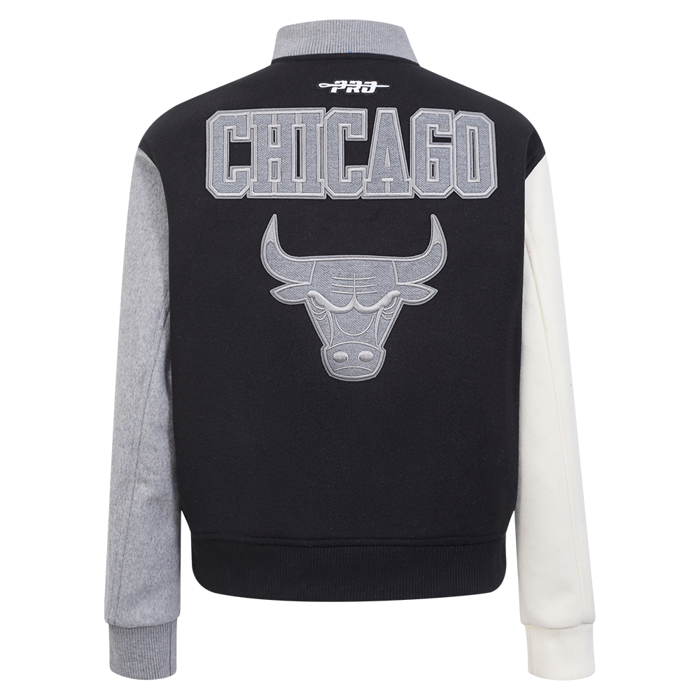 NBA CHICAGO BULLS REVERSE FRENCH TERRY WOMEN'S WOOL VARSITY JACKET (BLACK/GRAY/EGGSHELL)