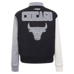 NBA CHICAGO BULLS REVERSE FRENCH TERRY WOMEN'S WOOL VARSITY JACKET (BLACK/GRAY/EGGSHELL)
