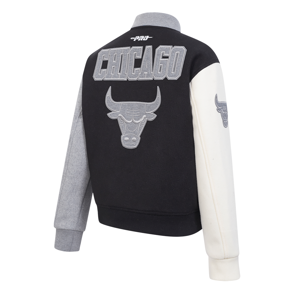 NBA CHICAGO BULLS REVERSE FRENCH TERRY WOMEN'S WOOL VARSITY JACKET (BLACK/GRAY/EGGSHELL)