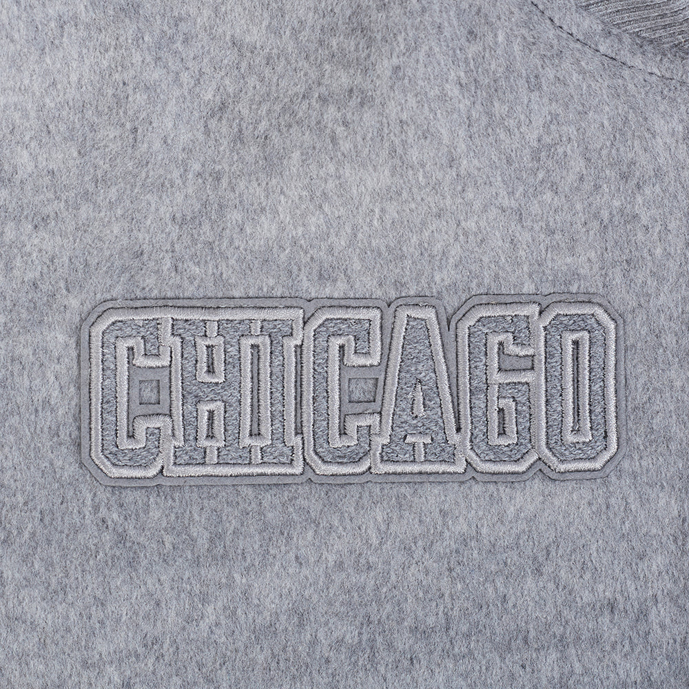 NBA CHICAGO BULLS REVERSE FRENCH TERRY WOMEN'S WOOL VARSITY JACKET (BLACK/GRAY/EGGSHELL)