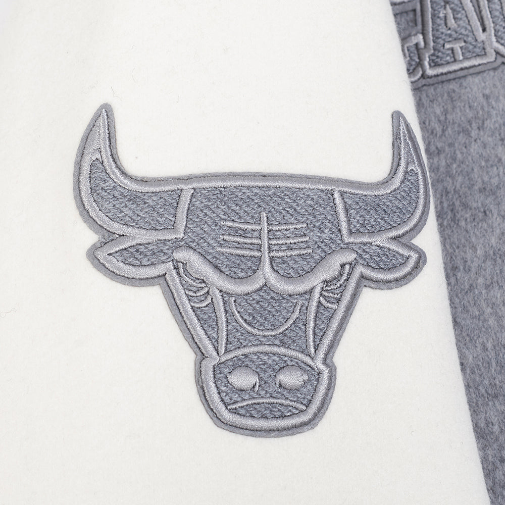 NBA CHICAGO BULLS REVERSE FRENCH TERRY WOMEN'S WOOL VARSITY JACKET (BLACK/GRAY/EGGSHELL)