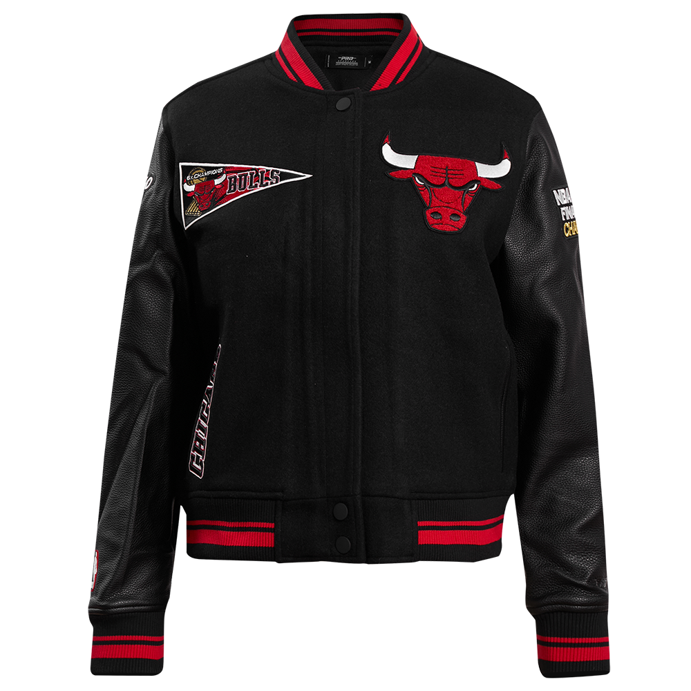 NBA CHICAGO BULLS RETRO CLASSIC BLOUSON COLLÉGIAL EN LAINE À BORDS CÔTELÉS POUR FEMME (NOIR/ROUGE)