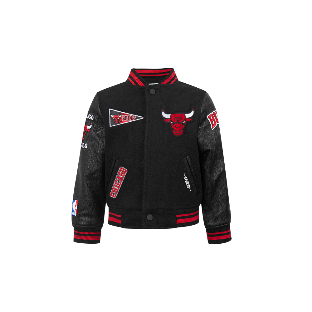 NBA CHICAGO BULLS RETRO CLASSIC BLOUSON COLLÉGIAL EN LAINE À BORDS CÔTELÉS POUR GARÇON BAMBIN (NOIR/ROUGE/NOIR)