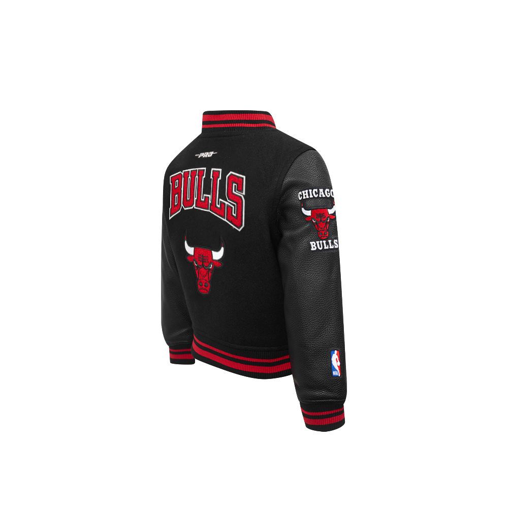 NBA CHICAGO BULLS RETRO CLASSIC BLOUSON COLLÉGIAL EN LAINE À BORDS CÔTELÉS POUR GARÇON BAMBIN (NOIR/ROUGE/NOIR)