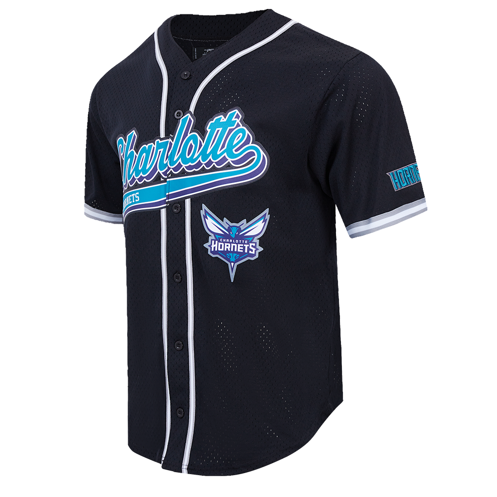 NBA CHARLOTTE HORNETS SCRIPT TAIL MEN'S MESH BUTTON DOWN SHIRT (BLACK/GRAY)