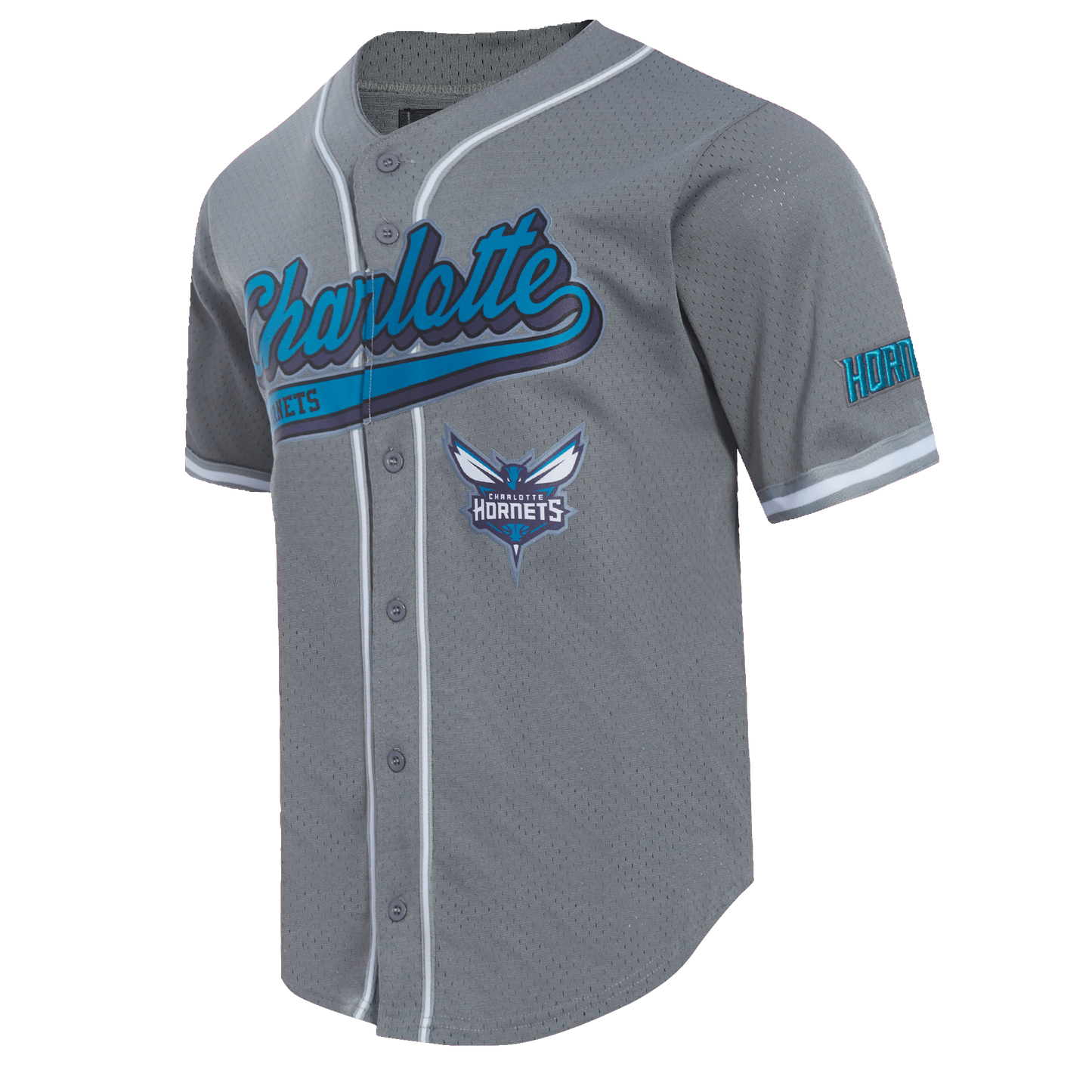 NBA CHARLOTTE HORNETS SCRIPT TAIL MEN'S MESH BUTTON DOWN SHIRT (GRAY)