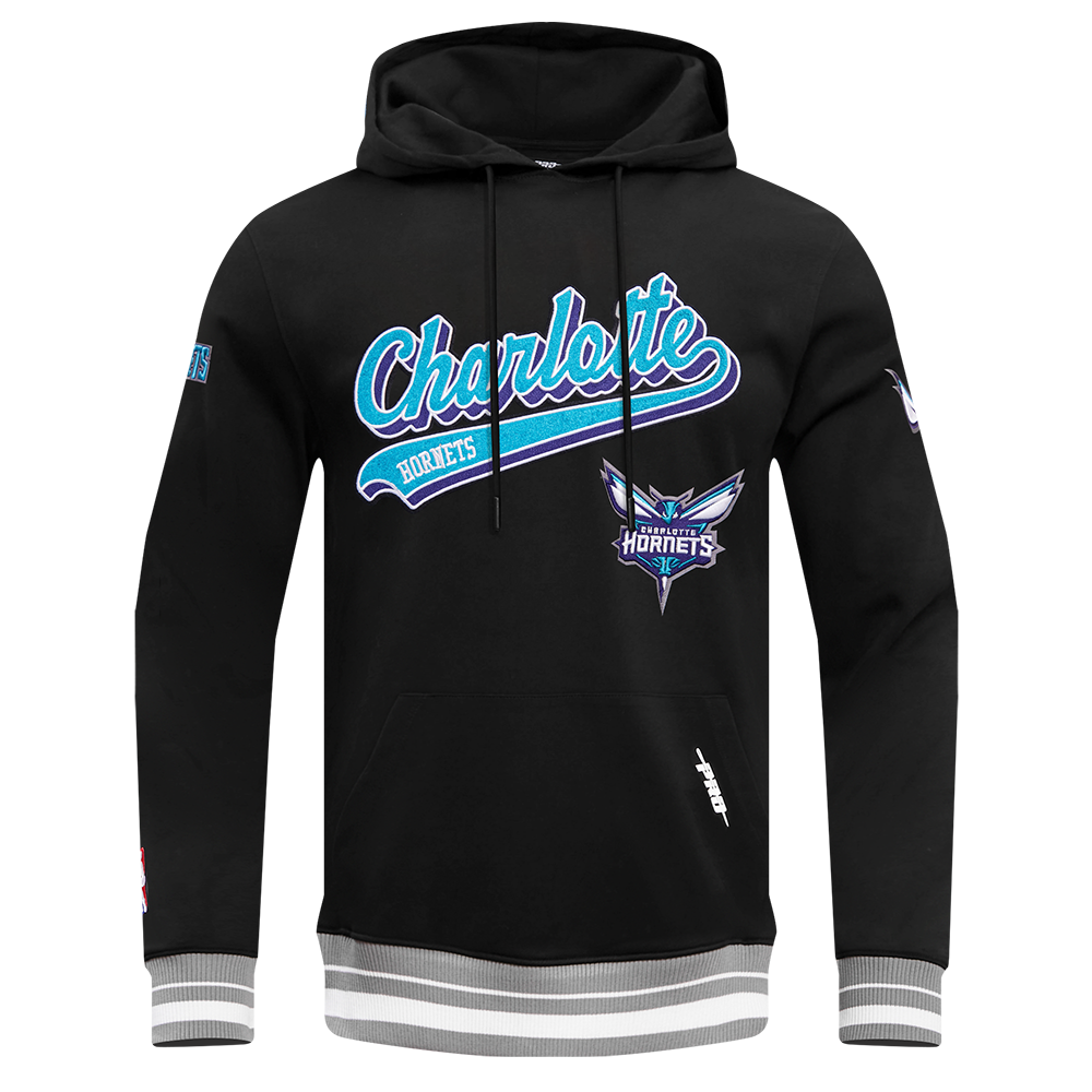 NBA CHARLOTTE HORNETS SCRIPT TAIL CHANDAIL À CAPUCHON EN MOLLETON CÔTELÉ POUR HOMME (NOIR/GRIS)