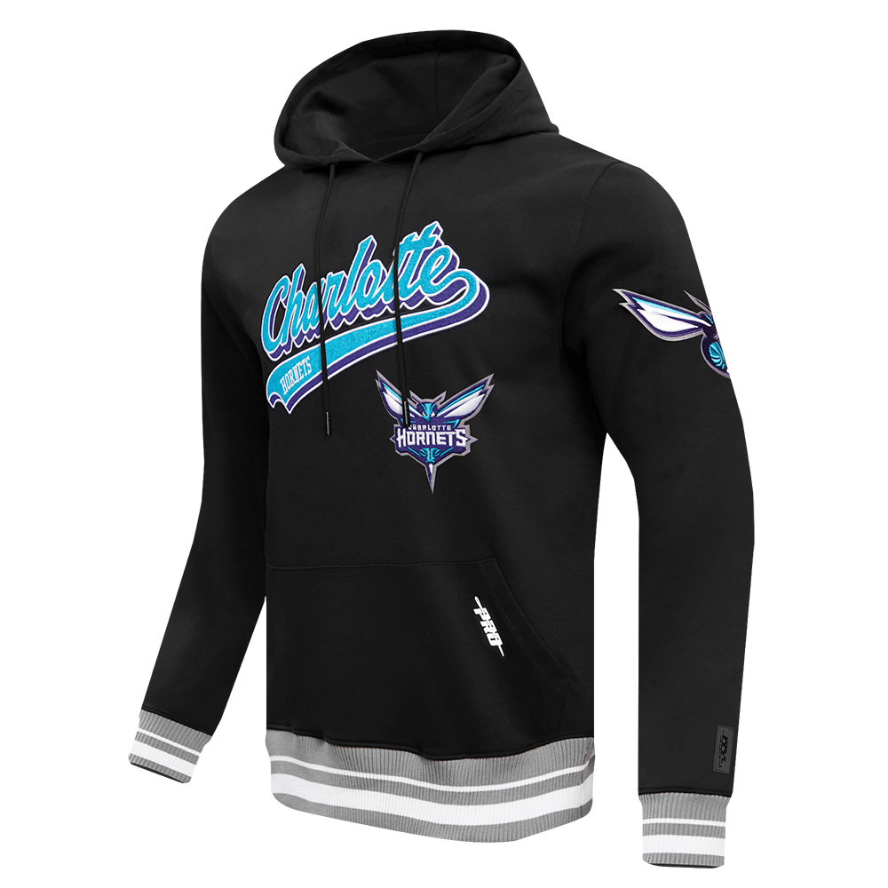 NBA CHARLOTTE HORNETS SCRIPT TAIL CHANDAIL À CAPUCHON EN MOLLETON CÔTELÉ POUR HOMME (NOIR/GRIS)