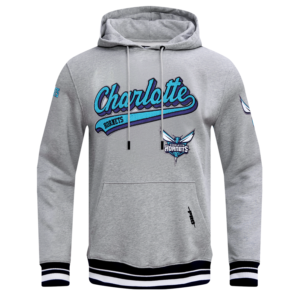 NBA CHARLOTTE HORNETS SCRIPT TAIL CHANDAIL À CAPUCHON EN MOLLETON CÔTELÉ POUR HOMME (GRIS CHINÉ/NOIR)