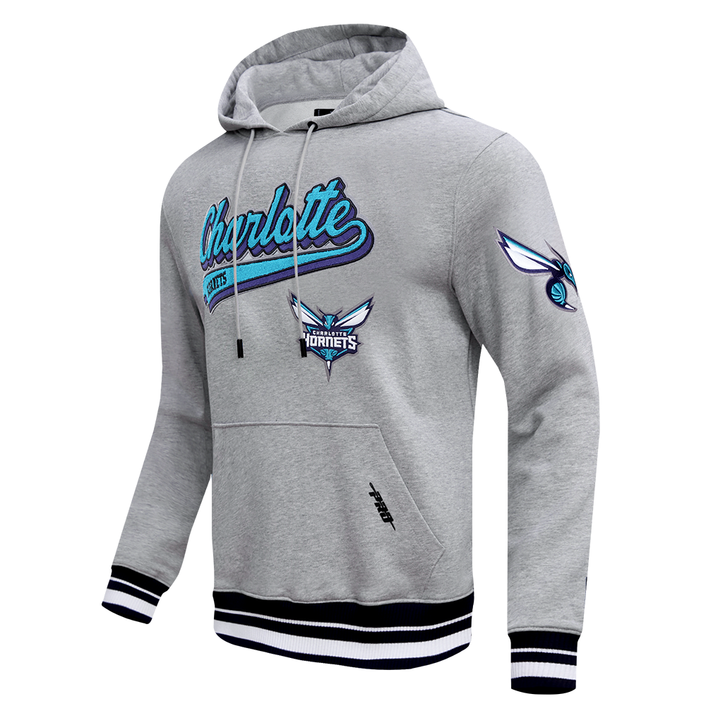 NBA CHARLOTTE HORNETS SCRIPT TAIL MEN'S RIB FLEECE PULLOVER HOODIE (HEATHER GRAY/BLACK)