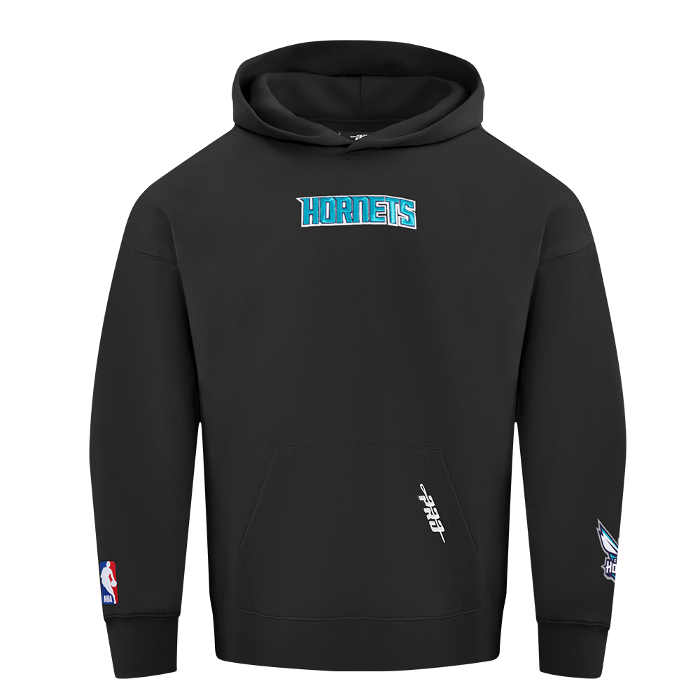 NBA CHARLOTTE HORNETS WINGSPAN MEN'S DROP SHOULDER FLEECE PULLOVER HOODIE (BLACK)