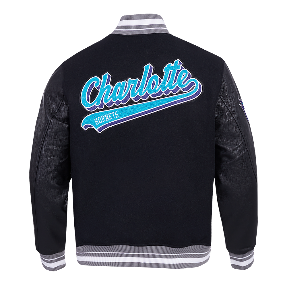 NBA CHARLOTTE HORNETS SCRIPT TAIL MEN'S VARSITY JACKET (BLACK/GRAY)
