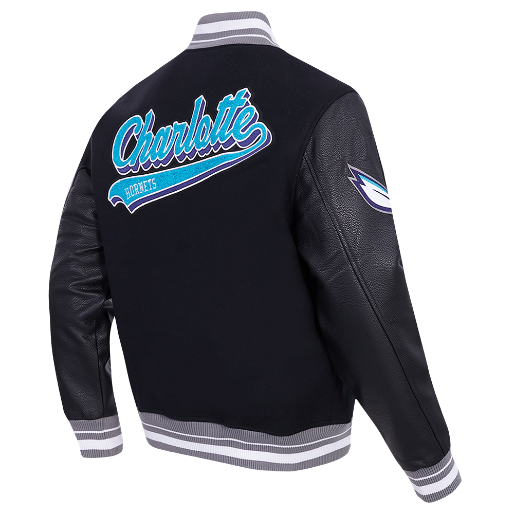NBA CHARLOTTE HORNETS SCRIPT TAIL MEN'S VARSITY JACKET (BLACK/GRAY)