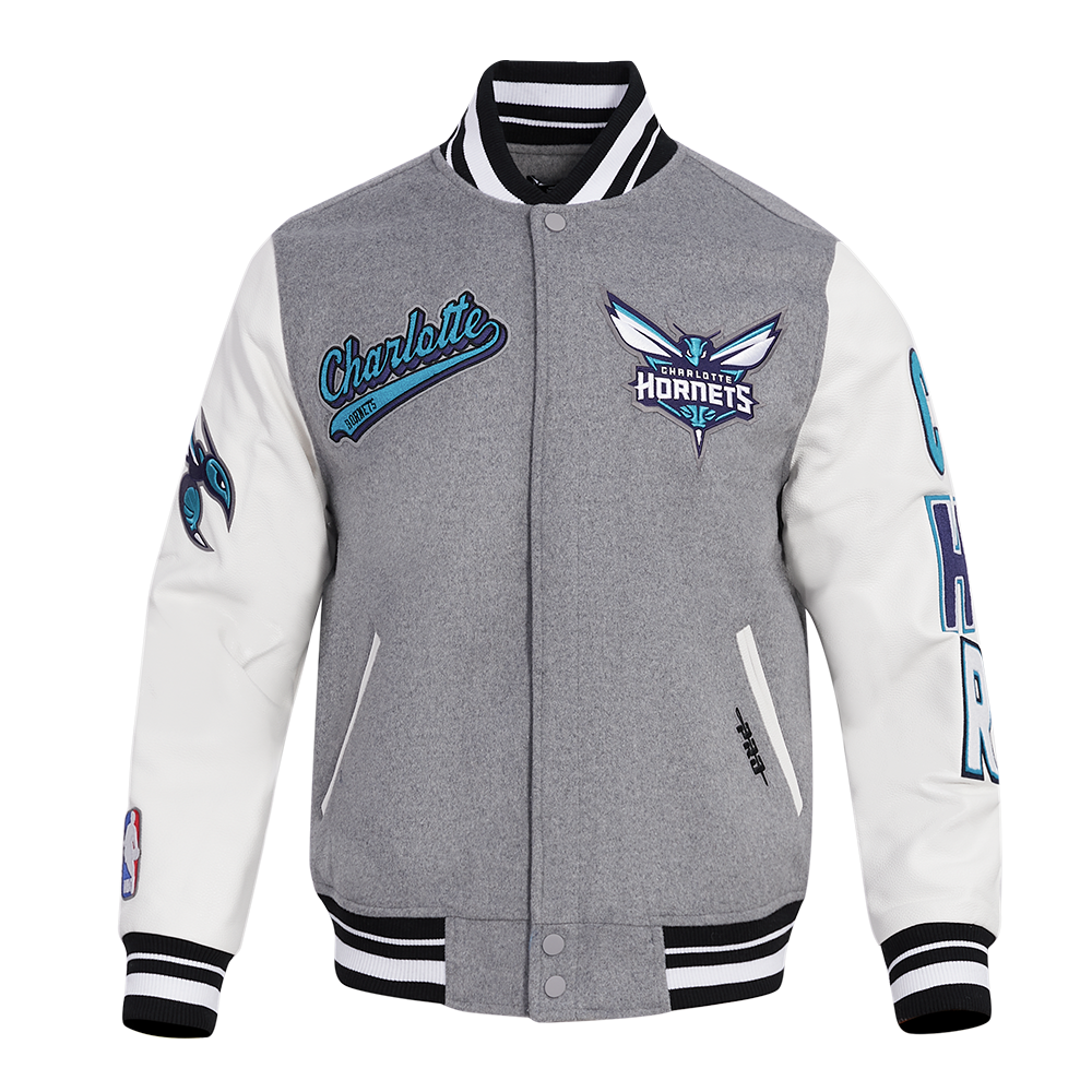 NBA CHARLOTTE HORNETS SCRIPT TAIL BLOUSON COLLÉGIAL POUR HOMME (GRIS CHINÉ/BLANC/NOIR)
