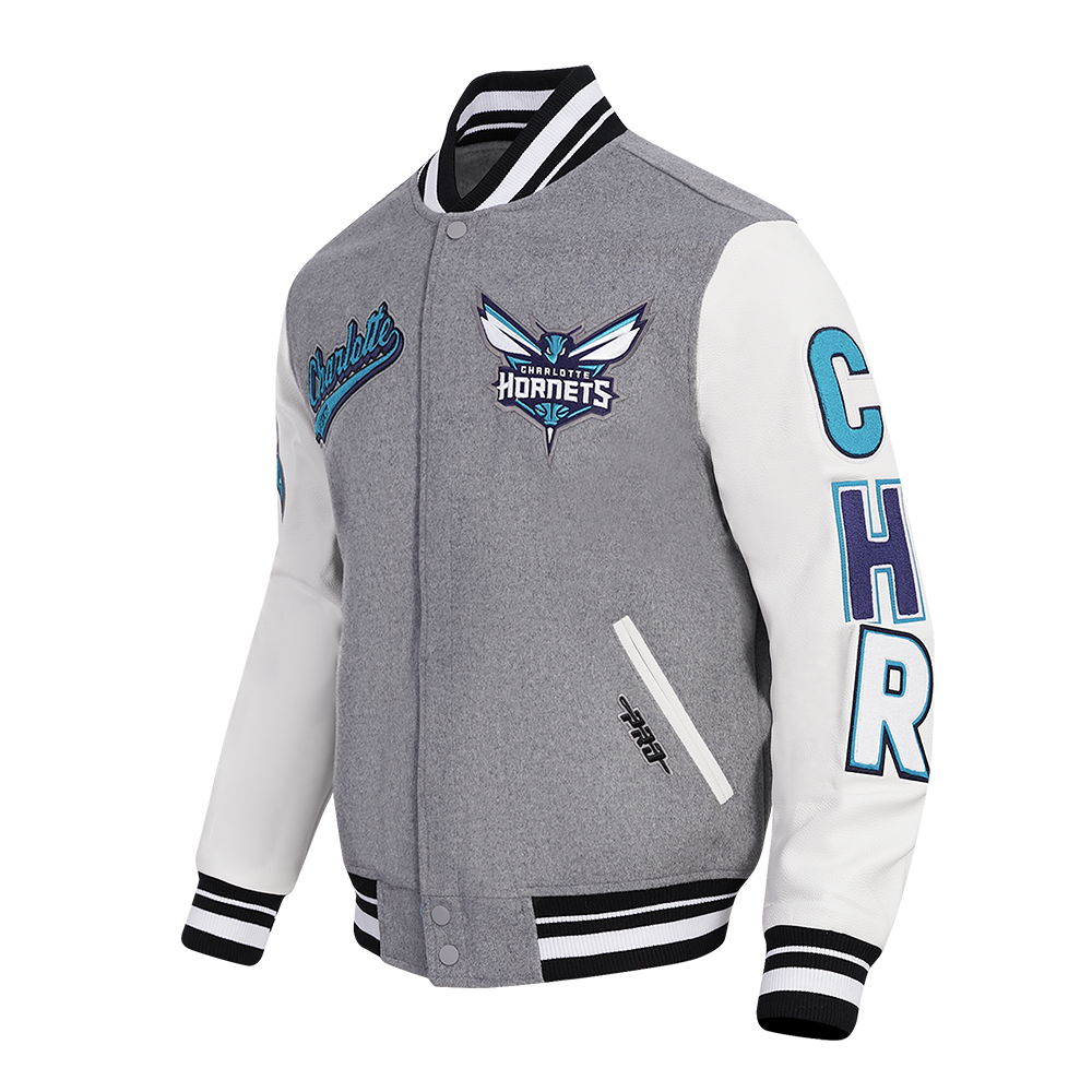 NBA CHARLOTTE HORNETS SCRIPT TAIL BLOUSON COLLÉGIAL POUR HOMME (GRIS CHINÉ/BLANC/NOIR)