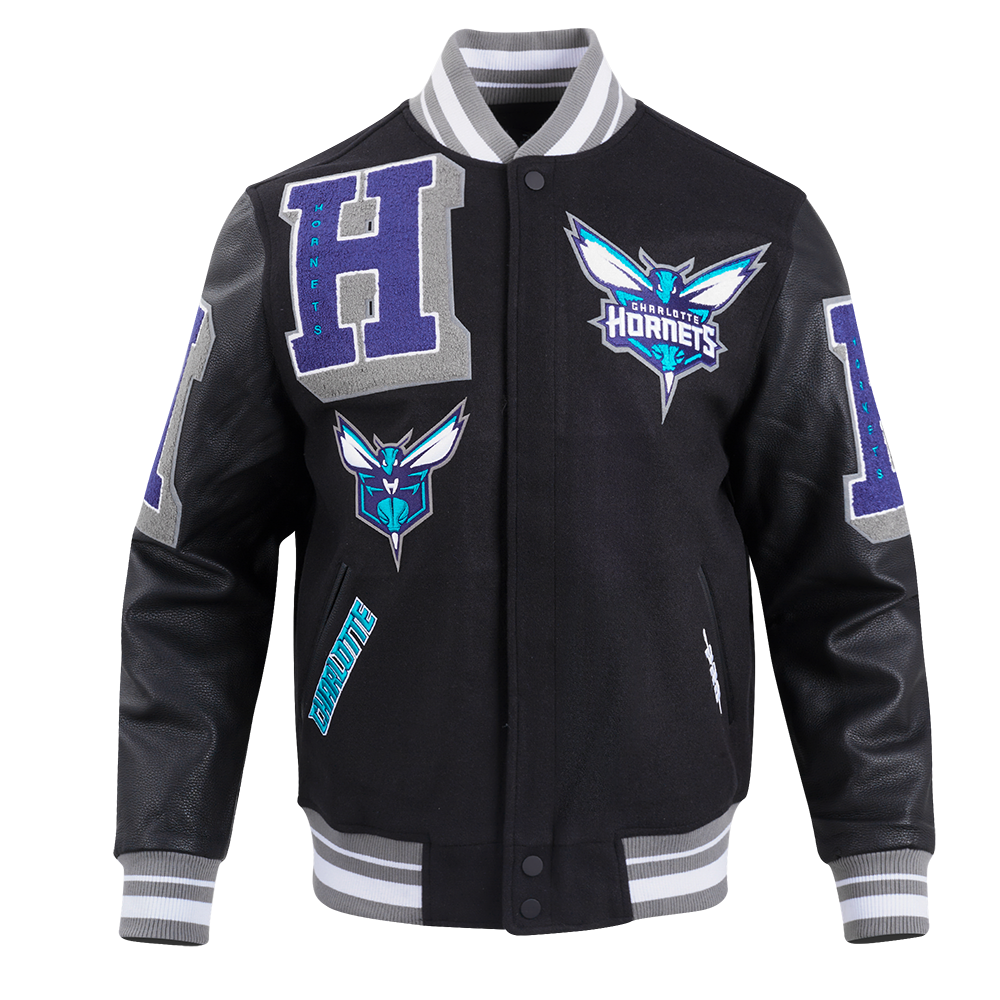 NBA CHARLOTTE HORNETS MASH UP BLOUSON COLLÉGIAL EN LAINE À BORDS CÔTELÉS POUR HOMME (NOIR/GRIS)