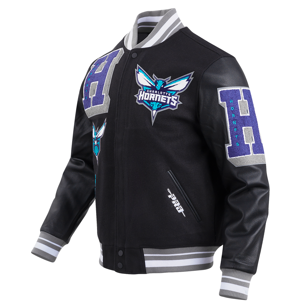 NBA CHARLOTTE HORNETS MASH UP BLOUSON COLLÉGIAL EN LAINE À BORDS CÔTELÉS POUR HOMME (NOIR/GRIS)