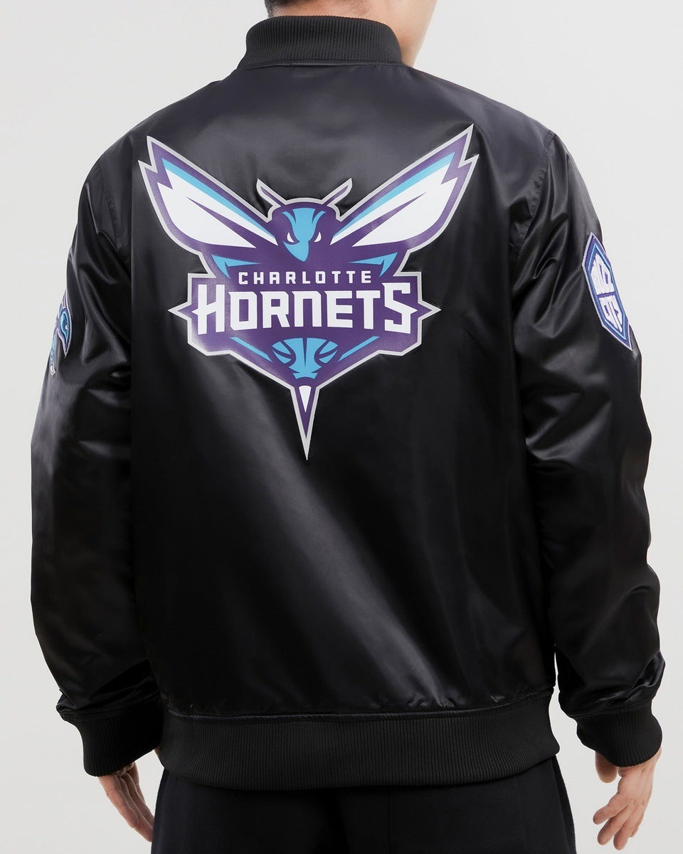 NBA CHARLOTTE HORNETS TEAM BIG LOGO MEN'S SATIN JACKET (BLACK)